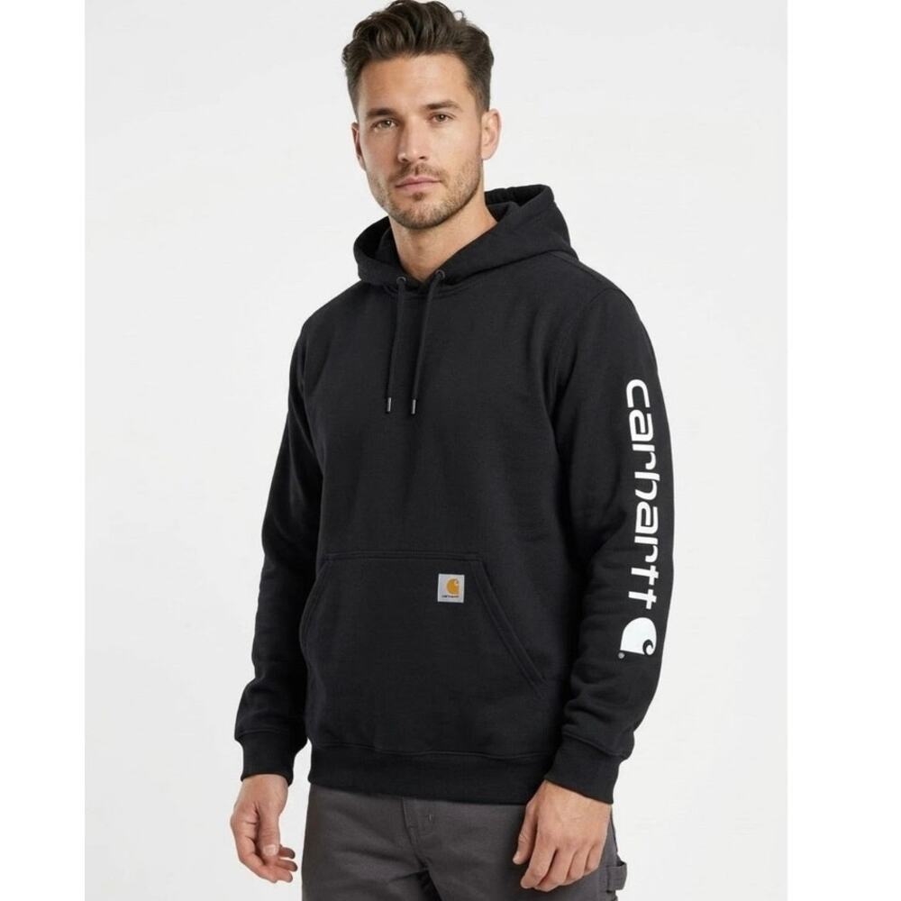 Carhartt Original Fit Black Hoodie 2XL Spellout Sleeve Logo Workwear Streetwear